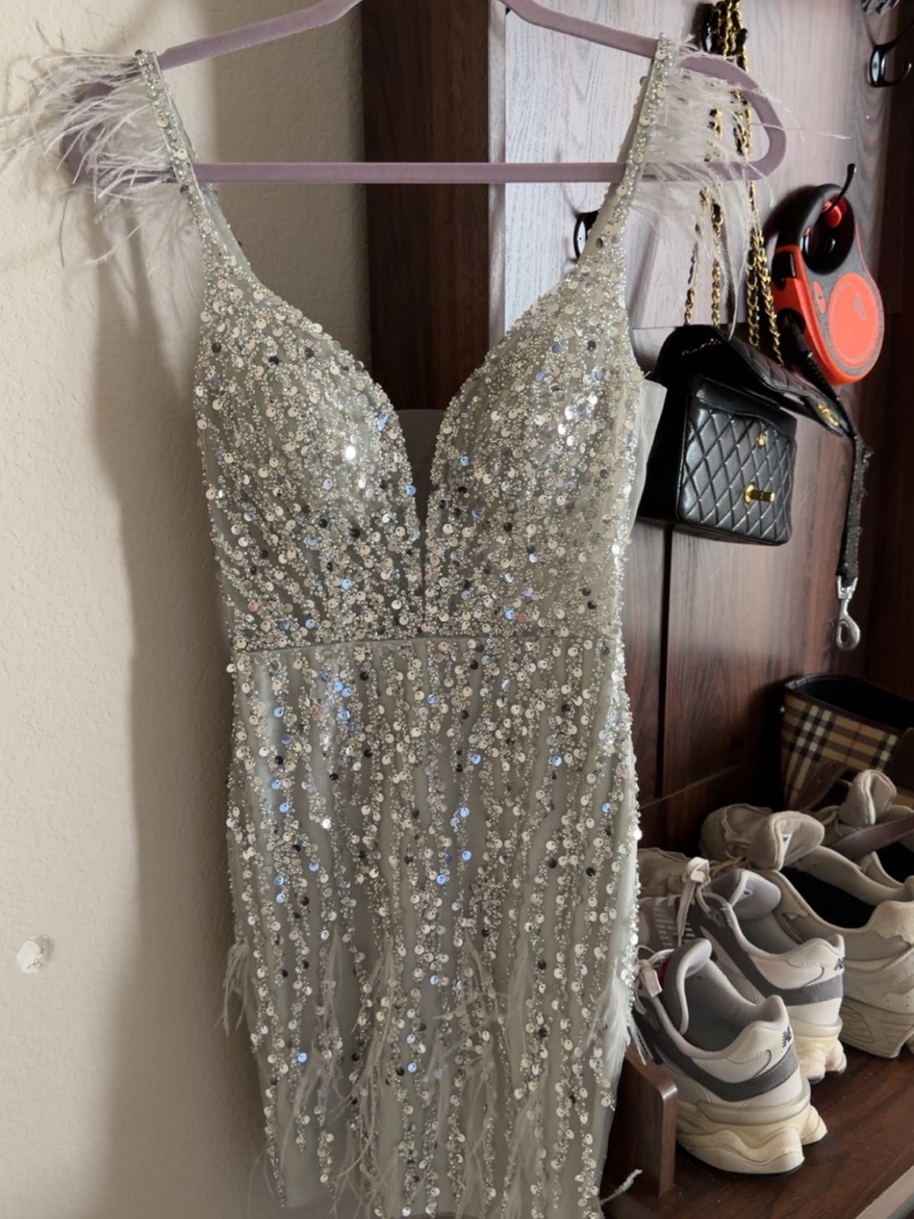 Jovani Silver Sequin Feather Detail Evening Dress
